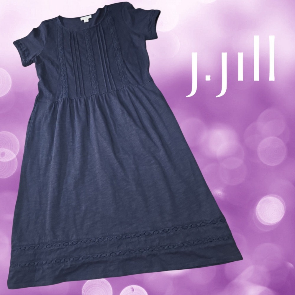 J. Jill Womens Pintuck Lace Trim Short Sleeve Knit Midi Dress‎ Navy Blue S Tall